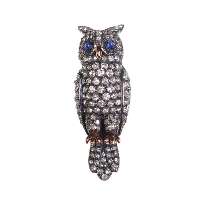 Diamond and sapphire set owl brooch modelled in perched position